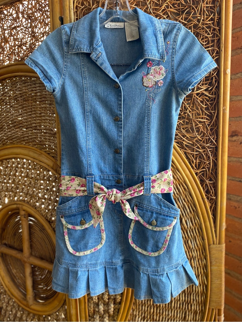 Self Esteem Girls Blue Denim Dress with Floral Belt, Embroidery and Pleats